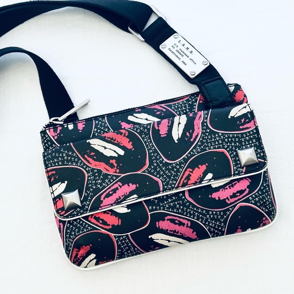 L.A.M.B. Mini Messenger Bag in Black, Pink & Red Lips PVC - Picture 15 of 15